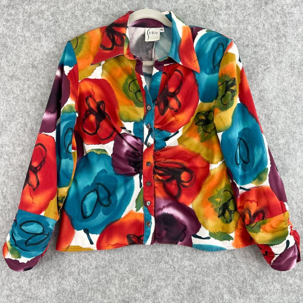 Finley Top Womens XL Floral Button‎ Front Ruched Cotton Stretch Artsy USA Made